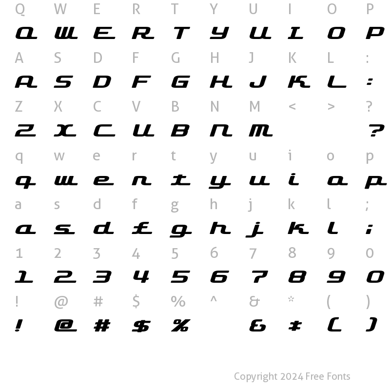 Character Map of D3 Roadsterism Wide Italic Regular