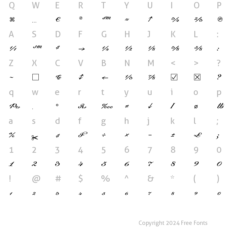 Character Map of Dalliance ScriptFractions Regular