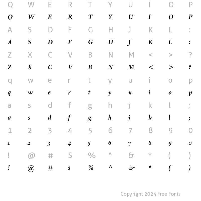 Character Map of Dante MT Oldstyle Figures Bold Italic