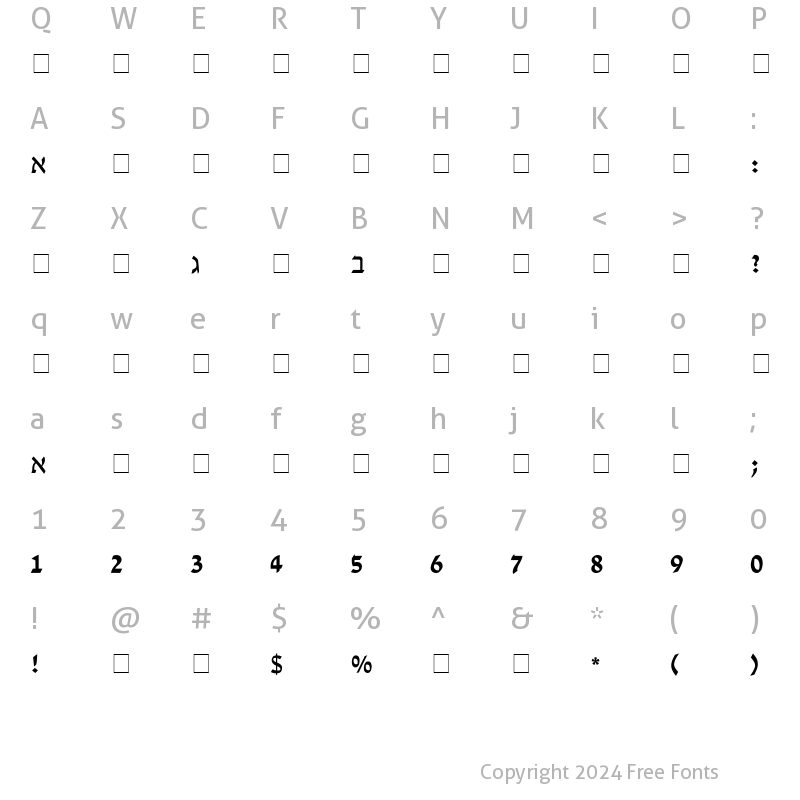 Character Map of David New Hebrew Regular