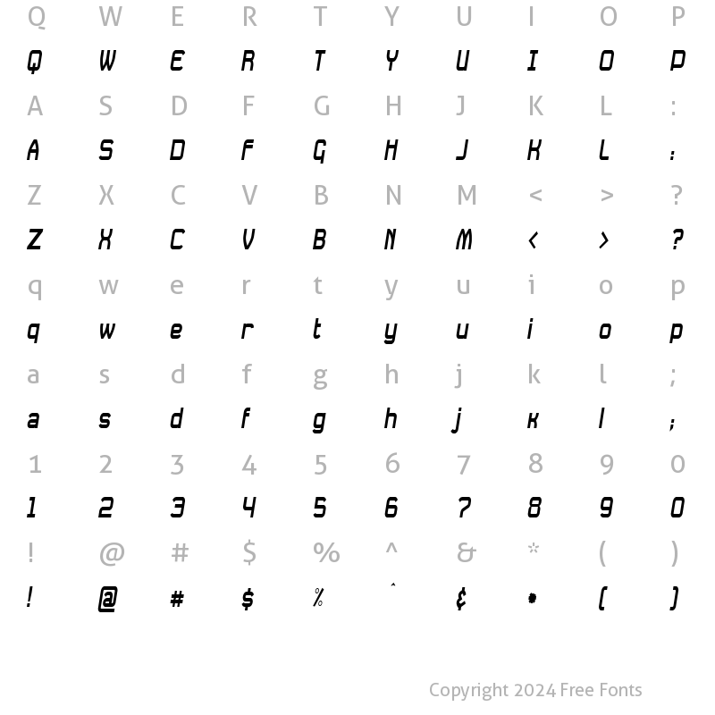 Character Map of Daville Condensed Slanted Normal