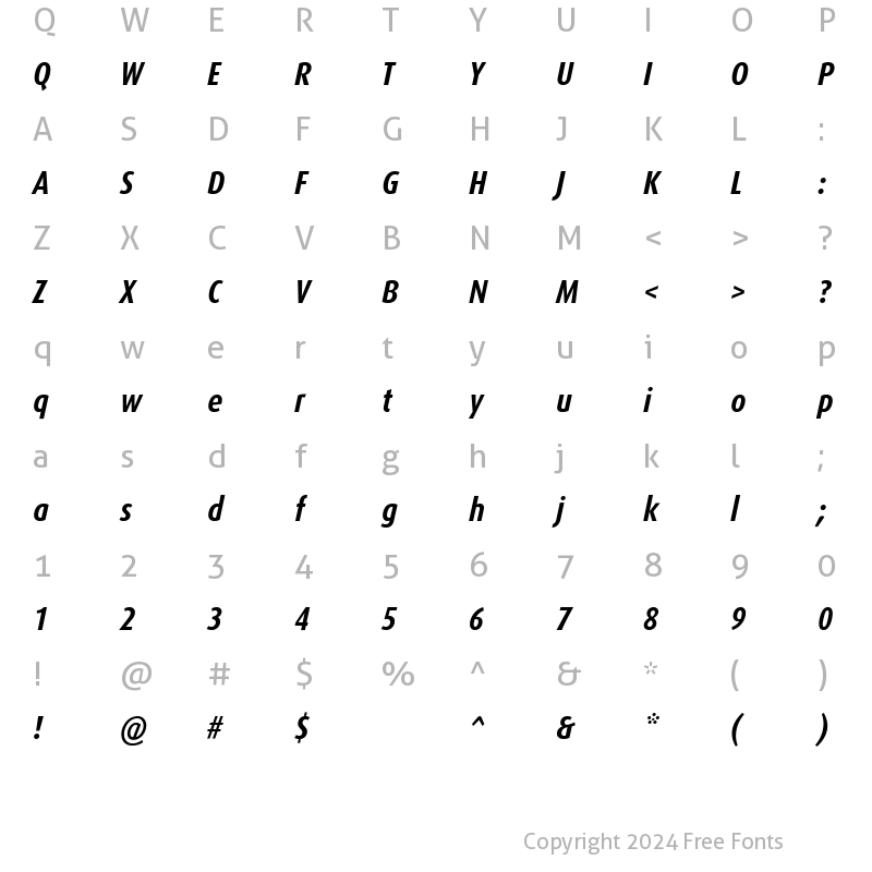 Character Map of DaxCondensed-BoldItalic Regular