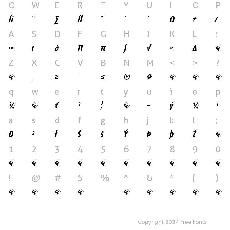 Character Map of DaxCondensed-BoldItalicExp ItalicBold