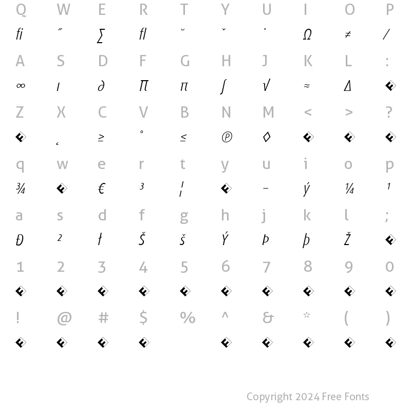 Character Map of DaxCondensed-LightItalicExp Italic