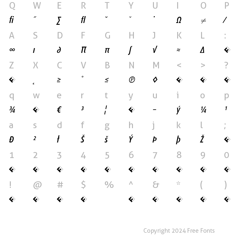 Character Map of DaxCondensed-MediumItalicExp Italic