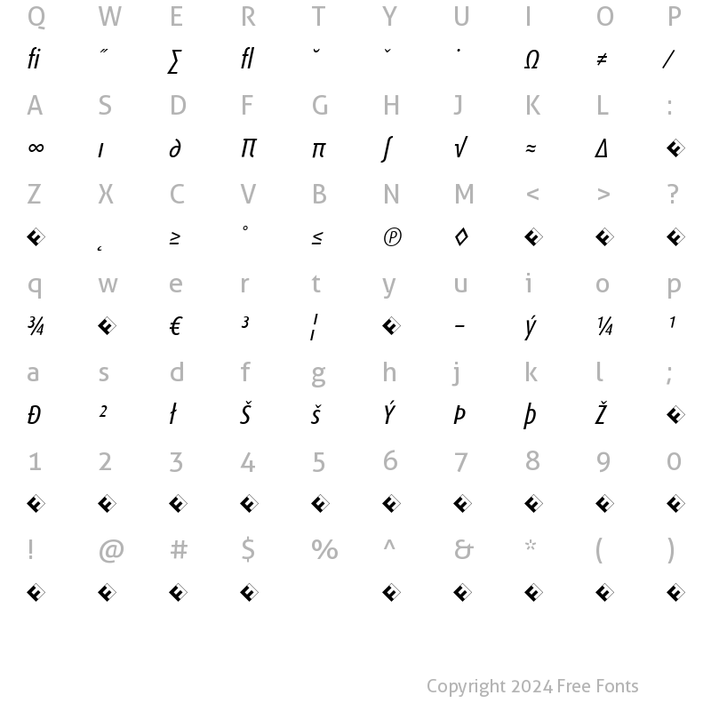 Character Map of DaxCondensed-RegularItalicExp Italic