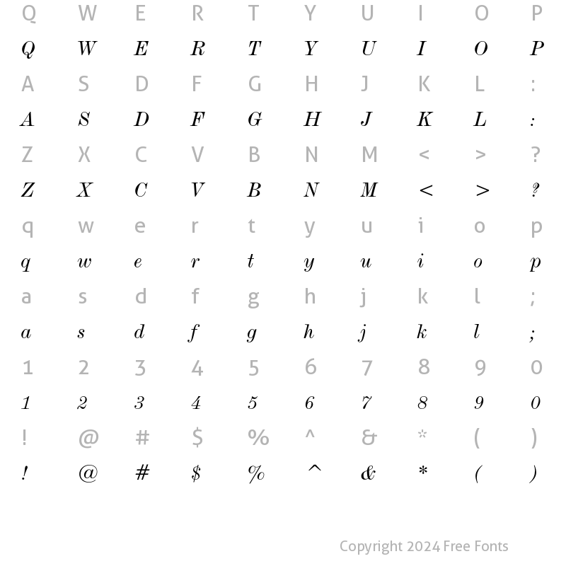 Character Map of De Vinne Text Italic