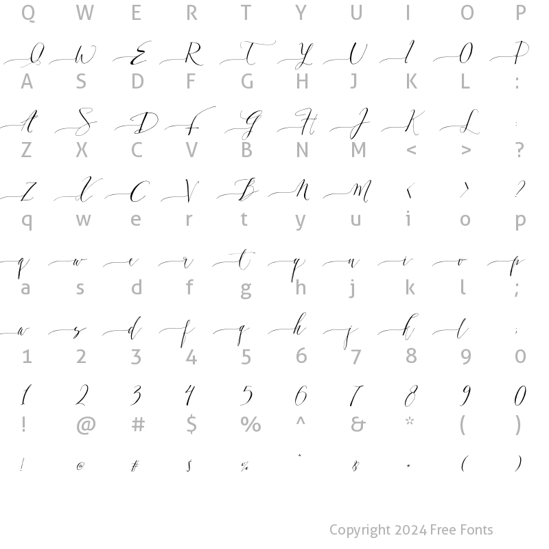 Character Map of DearlyScriptLeft Regular