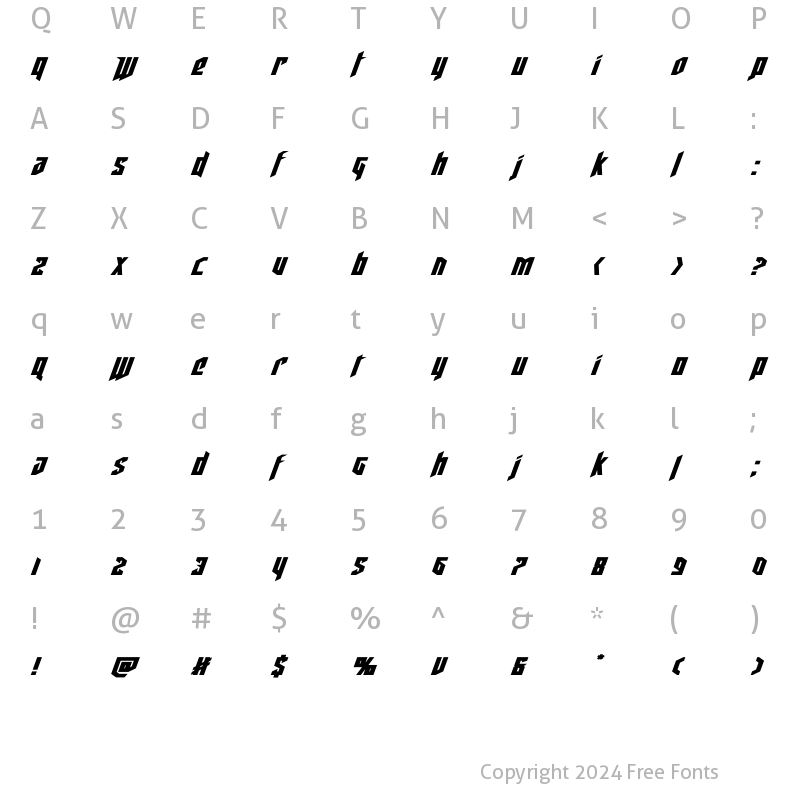 Character Map of Deathshead Expanded Italic Expanded Italic