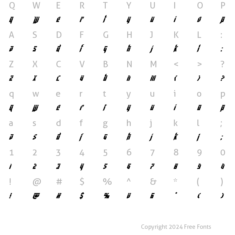 Character Map of Deathshead Laser Italic Italic