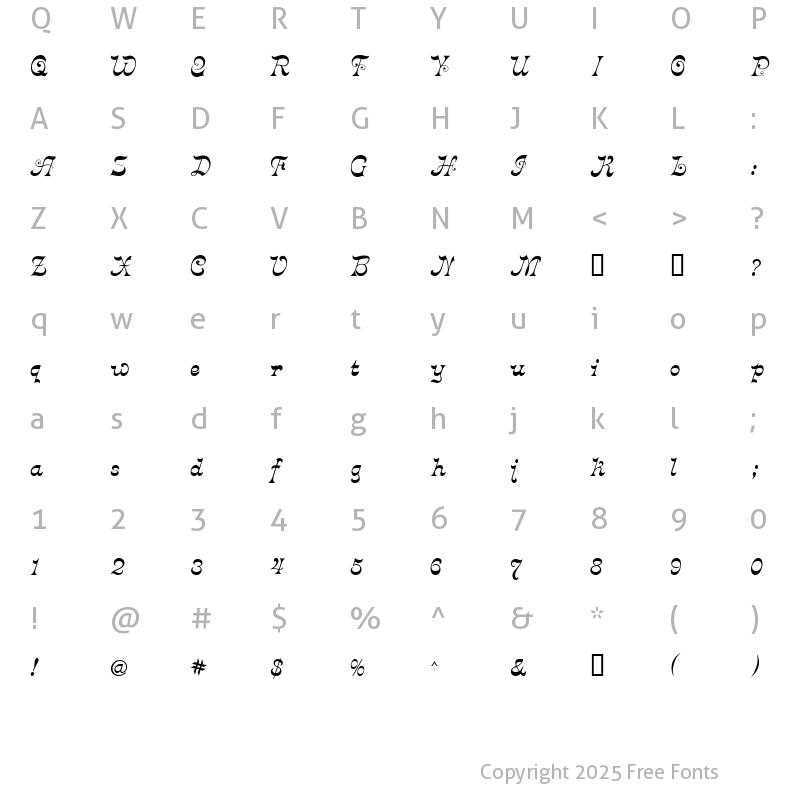 Character Map of Decadance Cursiv Regular