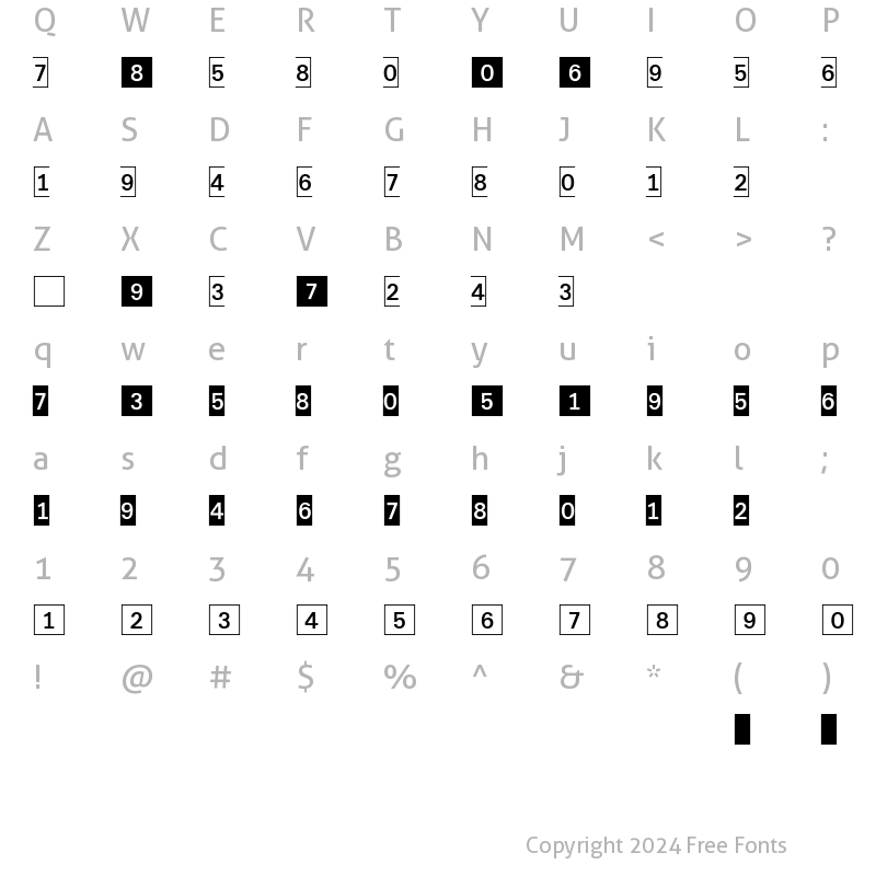 Character Map of DecoNumbers LH Square Regular