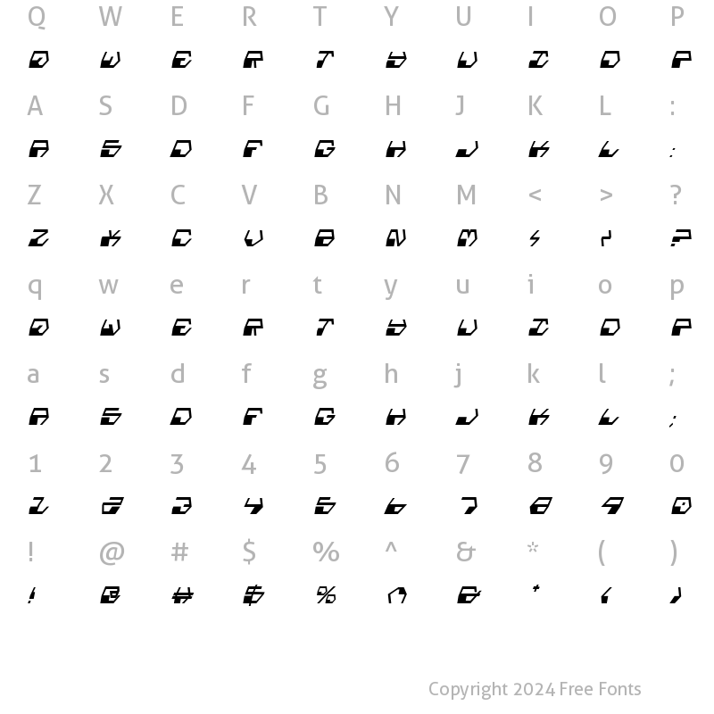 Character Map of Deranian Condensed Italic Condensed Italic