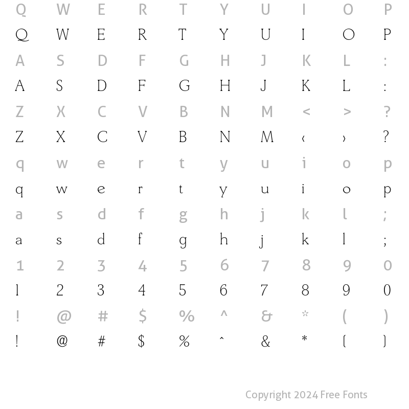 Character Map of Derringer-Xlight Regular