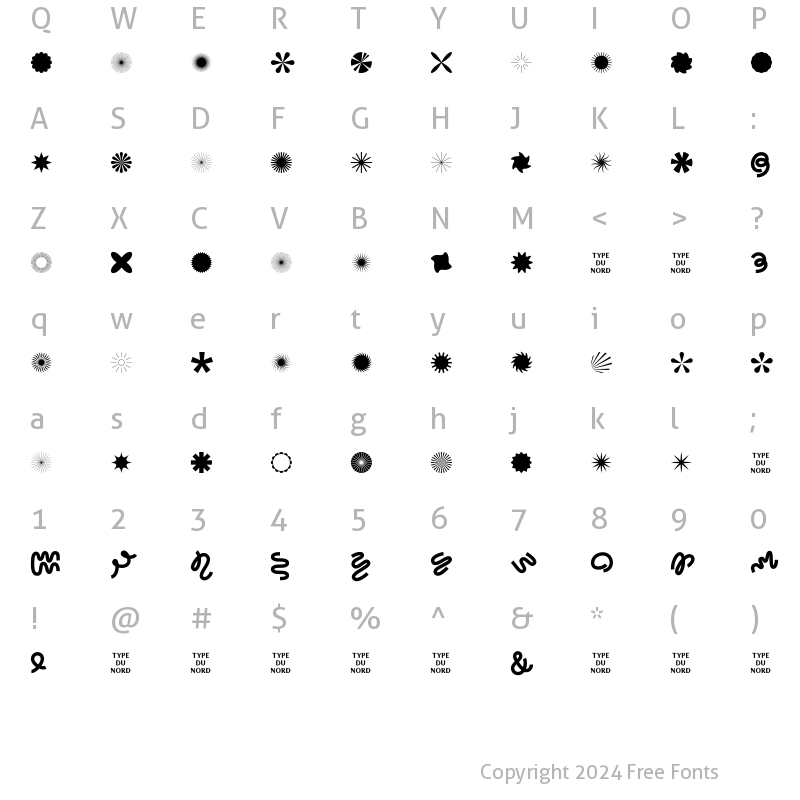 Character Map of Designer Dingbats Sunbursts and Squiggles