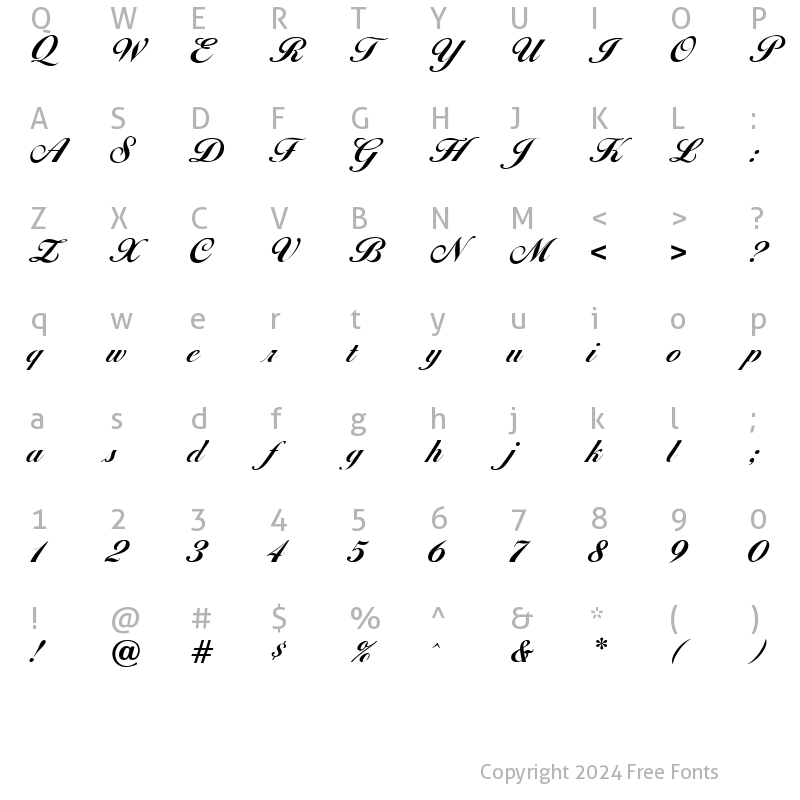 Character Map of Diana Script Agency Bold Plain