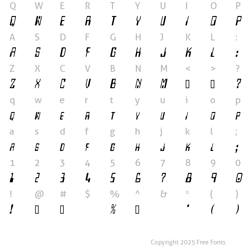 Character Map of DigitalMachineCondensed Oblique