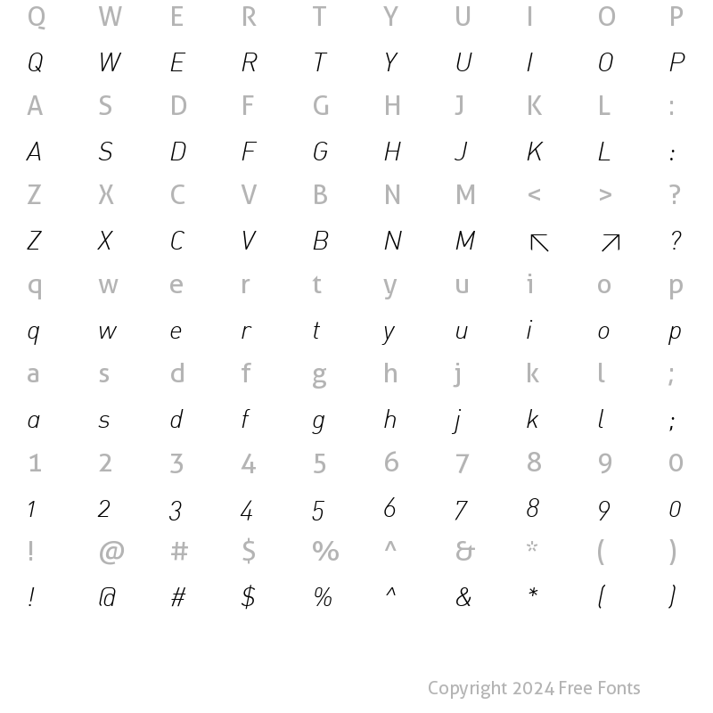 Character Map of DIN-LightItalicAlt Regular