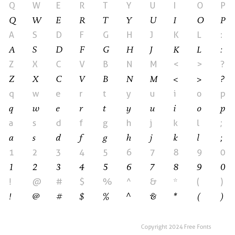 Character Map of Documenta Dtl Italic Regular