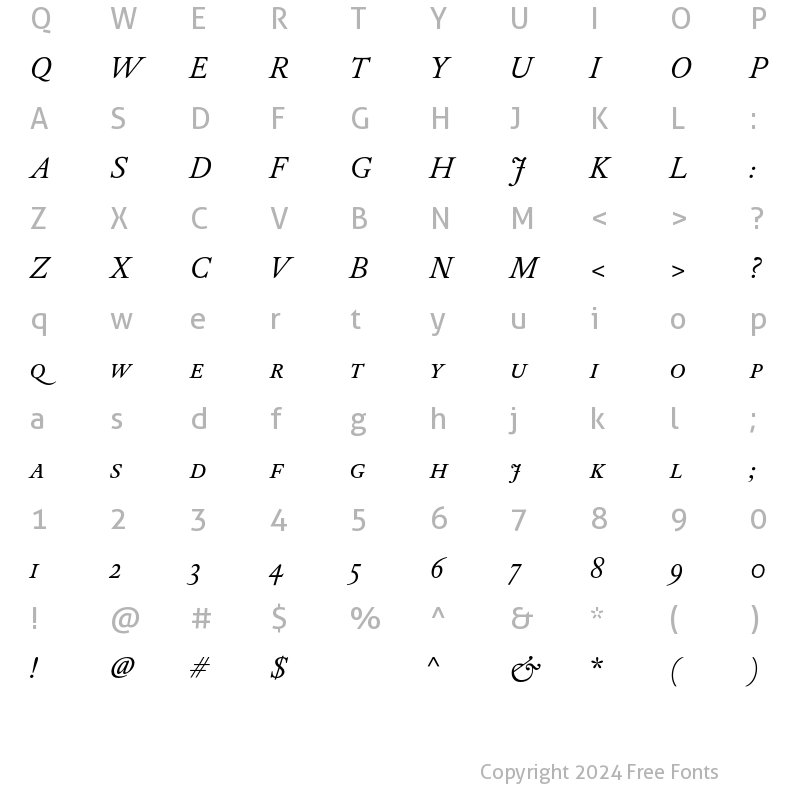 Character Map of DTL Elzevir T Caps Italic