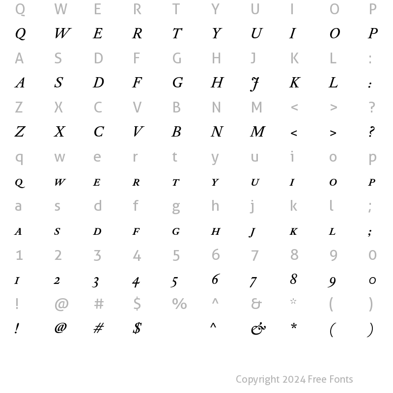 Character Map of DTL Elzevir T Caps Medium Italic