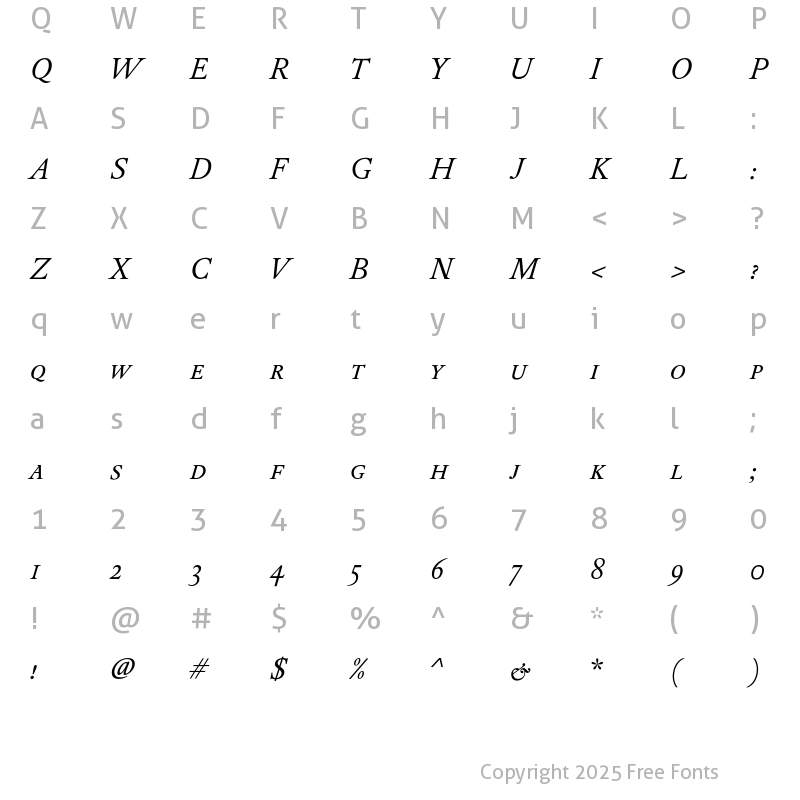 Character Map of DTLElzevirTCaps Italic