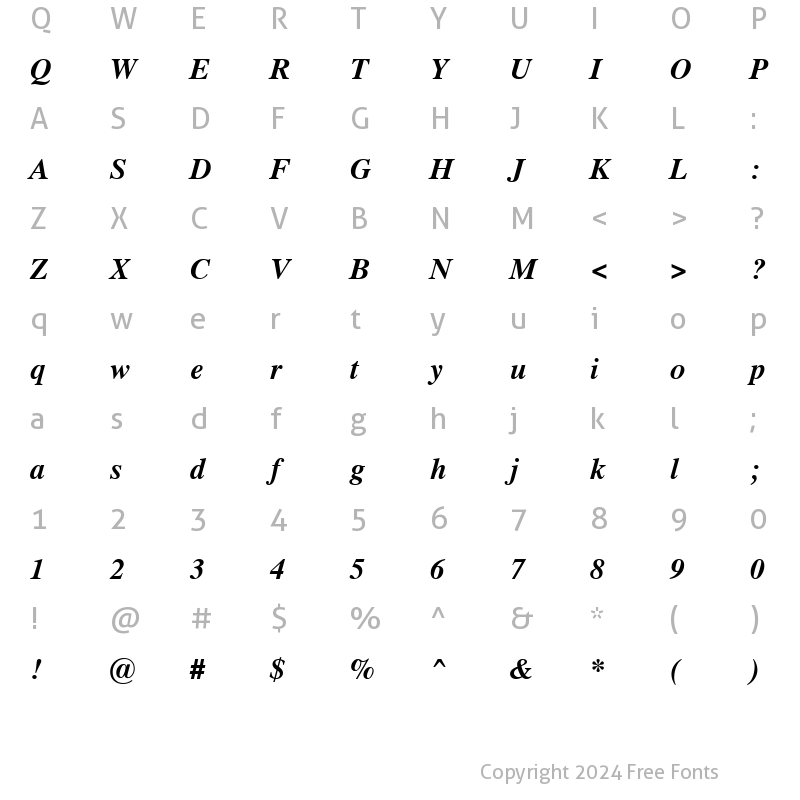 Character Map of Dutch 801 SWA Bold Italic