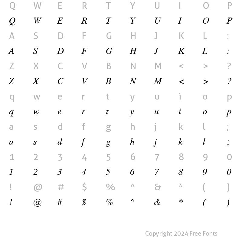 Character Map of Dutch 801 SWA Italic