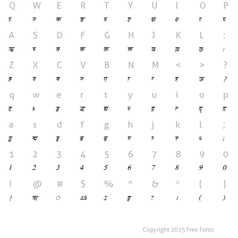 Character Map of DV-TTSurekhEN Italic