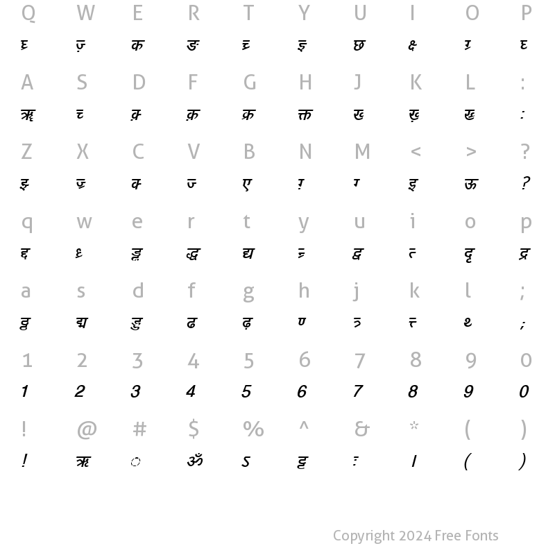 Character Map of DV-TTYogeshEN BoldItalic