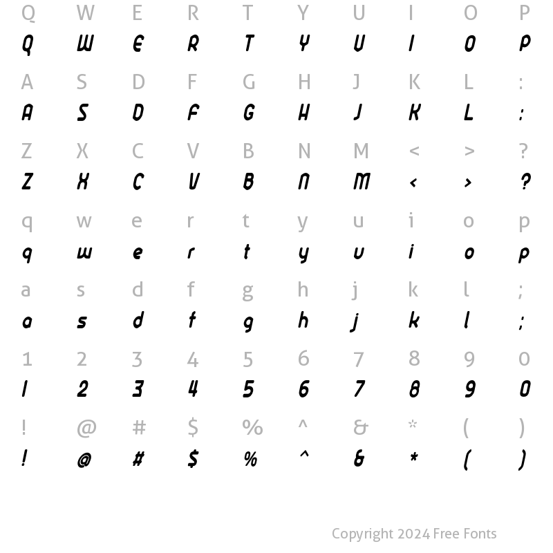 Character Map of Ekela Round Bold Condensed Italic