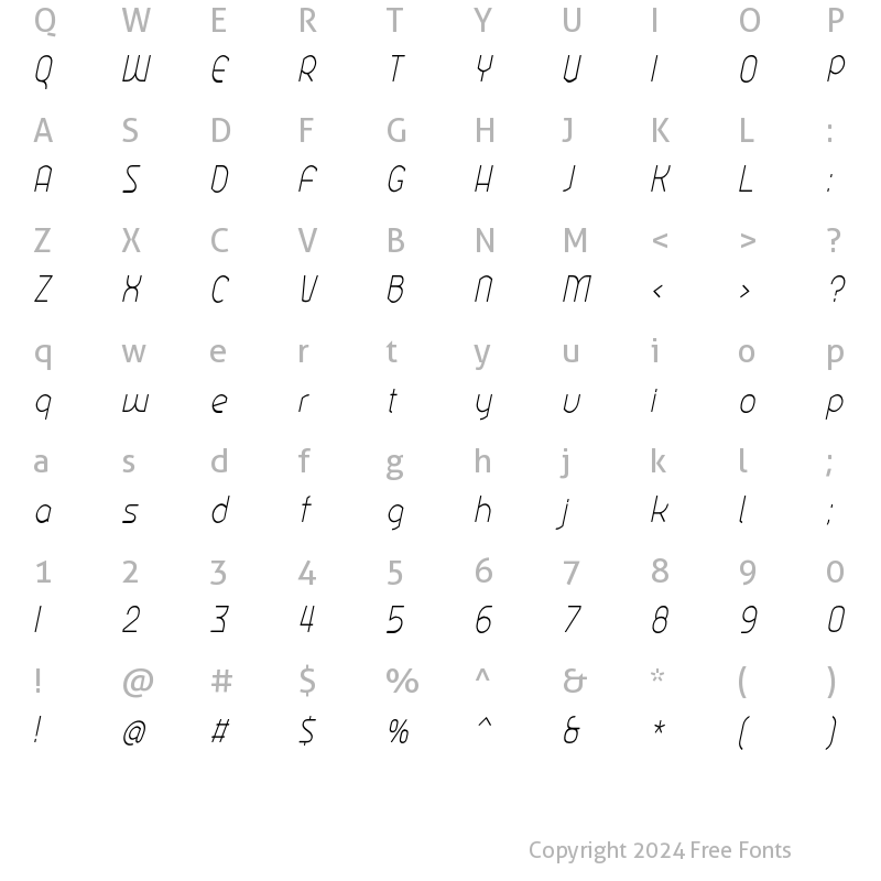 Character Map of Ekela Round ExtraLight Condensed Italic