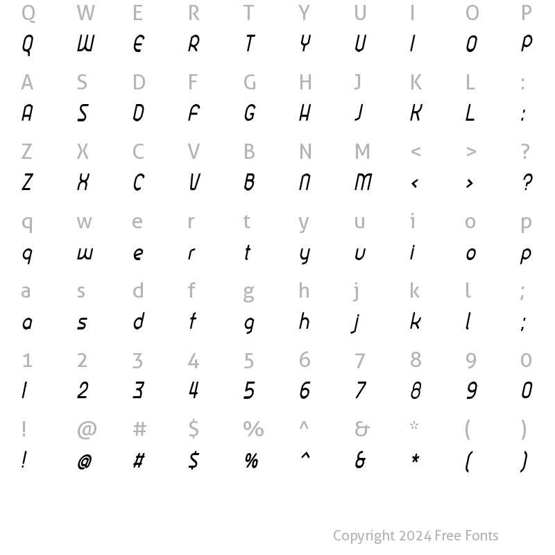 Character Map of Ekela Round Regular Condensed Italic