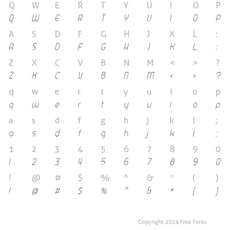 Character Map of Ekela Rp ExtraLight Condensed Italic