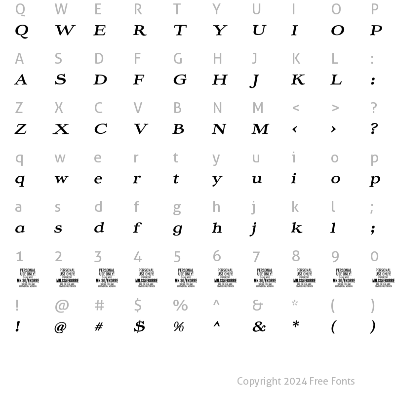 Character Map of Ekorre PERSONAL USE ONLY Bold Italic