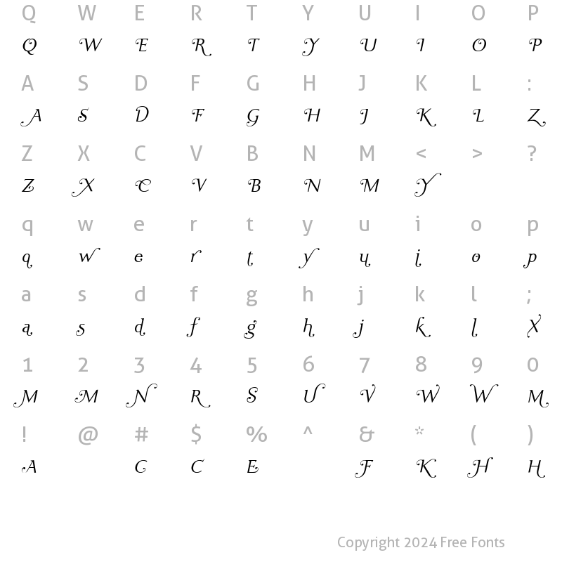 Character Map of Ela Swashes Light Italic