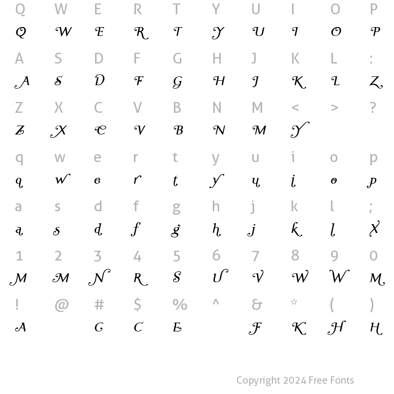 Character Map of Ela Swashes Plain Italic