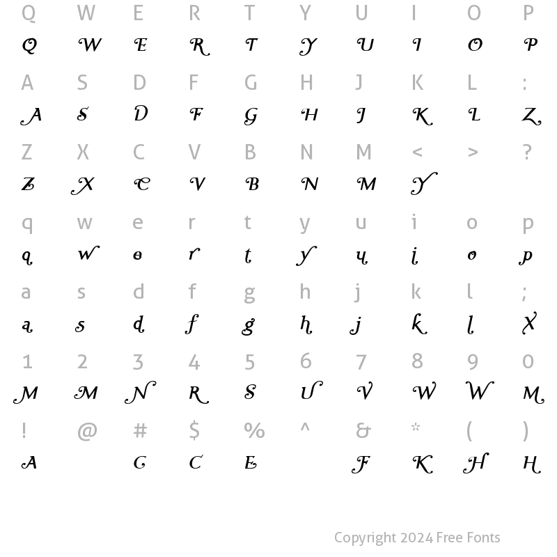 Character Map of Ela Swashes SemiBold Italic