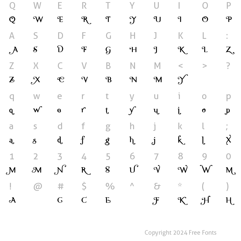 Character Map of Ela Swashes SemiBold Regular