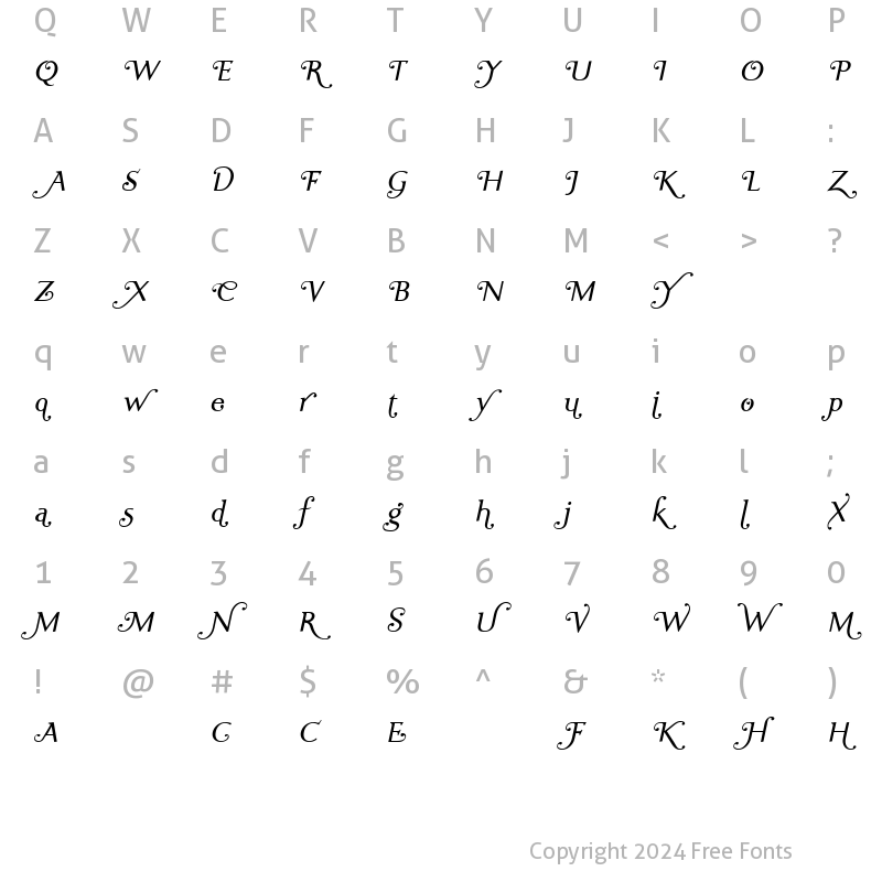 Character Map of Ela Swashes SemiLight Italic