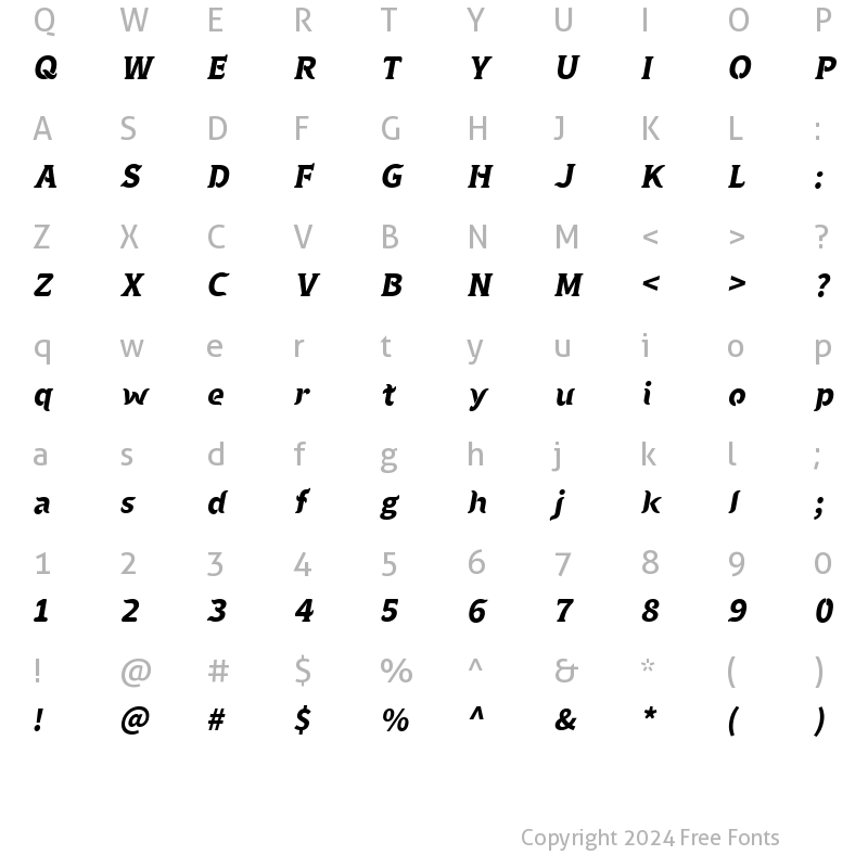 Character Map of Elegano Display Typeface Bold Expanded Oblique