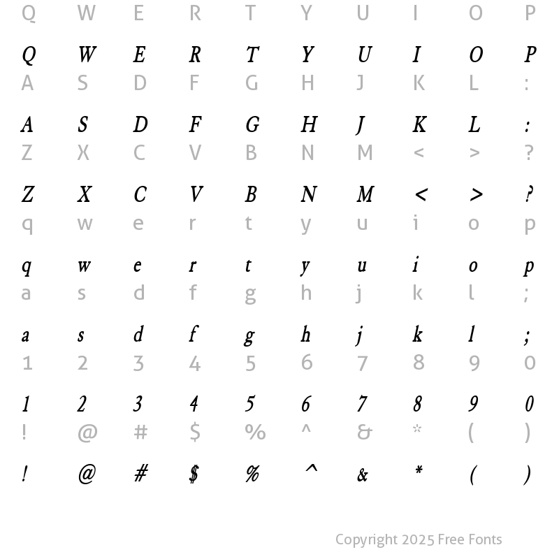 Character Map of Elephant Condensed BoldItalic