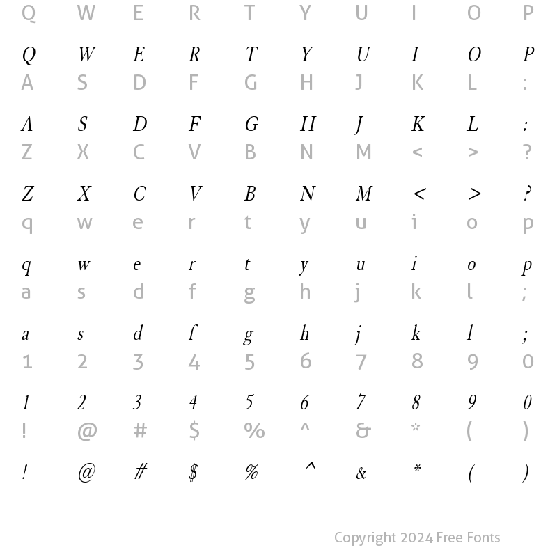 Character Map of Elephant Condensed Italic