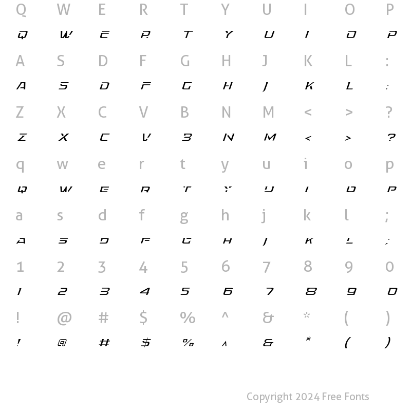 Character Map of Energize Thin Italic
