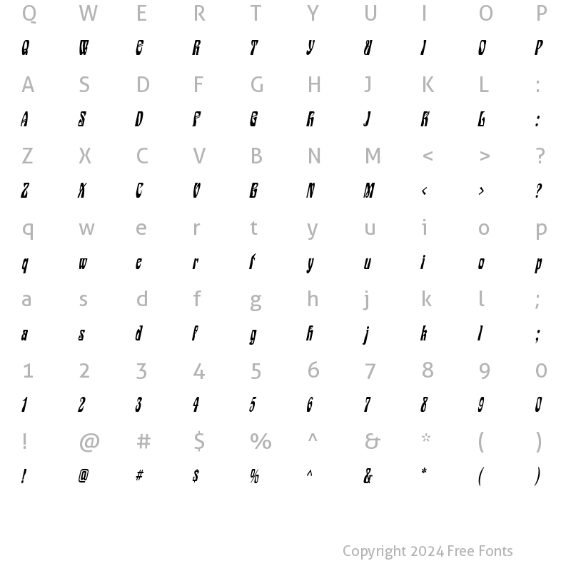 Character Map of Epic Condensed Italic