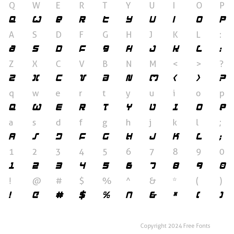 Character Map of Exedore Condensed Italic Condensed Italic