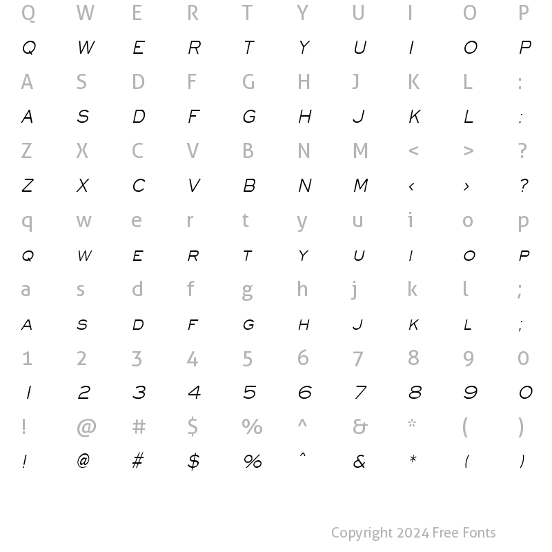 Character Map of Eye glass Condensed Italic