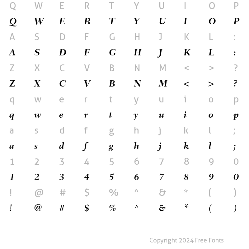 Character Map of Fairfield LH 76 Bold Italic