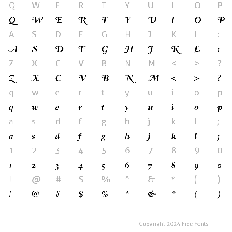 Character Map of Fairfield LH 76 Swash Old Style Bold Italic