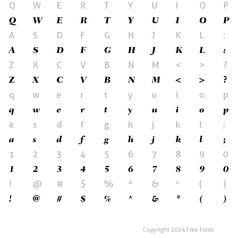 Character Map of Fairfield LH 86 Heavy Italic